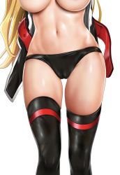 Rule 34 | 1girl, black panties, black thighhighs, blonde hair, breasts, cameltoe, commentary request, cyclone (reizei), fate testarossa, groin, hip focus, jacket, large breasts, long hair, lyrical nanoha, mahou shoujo lyrical nanoha strikers, navel, no bra, off shoulder, out-of-frame censoring, panties, shiny skin, simple background, skindentation, solo, stomach, thighhighs, thighs, toned, underwear, undressing, very long hair, white background