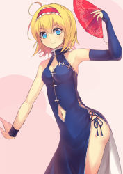 Rule 34 | 1girl, alice margatroid, alternate costume, armpits, ass, bare shoulders, blonde hair, blue eyes, breasts, bridal gauntlets, china dress, chinese clothes, cleavage, clothing cutout, culter, dress, folding fan, frilled hairband, frills, hairband, hand fan, highres, jpeg artifacts, long hair, medium breasts, navel, navel cutout, red hairband, single bridal gauntlet, sleeveless, sleeveless dress, small breasts, smile, solo, standing, touhou, twitter username, wristband
