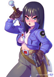 Rule 34 | 1girl, areola slip, belt, black hair, blue eyes, blue jacket, blunt bangs, blush, breasts, brown gloves, capsule corp, closed mouth, cosplay, dragon ball, dragon ball (classic), dragonball z, gloves, gun, holding, holding gun, holding sword, holding weapon, jacket, kajin (kajinman), long hair, looking to the side, mai (dragon ball), makeup, no bra, no shirt, nose blush, open clothes, open jacket, pants, pout, red lips, simple background, solo, sword, sword behind back, trunks (dragon ball), trunks (future) (dragon ball), trunks (future) (dragon ball) (cosplay), weapon, white background