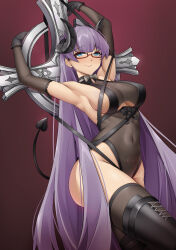 Rule 34 | 1girl, absurdres, armpits, arms up, azur lane, black footwear, black gloves, black leotard, black thighhighs, blue eyes, blush, boots, breasts, casperrin, closed mouth, clothing cutout, covered navel, cross, curled horns, demon horns, elbow gloves, glasses, gloves, gneisenau (azur lane), gneisenau (nightmarish succubus) (azur lane), gradient background, halloween costume, heart, heart tail, highres, horns, knee up, large breasts, leotard, long hair, looking at viewer, official alternate costume, presenting armpit, pubic tattoo, purple hair, red-framed eyewear, semi-rimless eyewear, simple background, solo, tail, tattoo, thighhighs, underboob, underboob cutout, very long hair