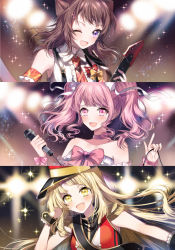 Rule 34 | 3girls, :d, ;d, band uniform, bang dream!, blonde hair, bow, bowtie, brown hair, cable, choker, collared shirt, detached sleeves, electric guitar, epaulettes, guitar, hair ornament, hair ribbon, hairclip, hat, holding, holding cable, holding microphone, index finger raised, instrument, long hair, looking at viewer, maruyama aya, microphone, multiple girls, necktie, nennen, one eye closed, open mouth, pink bow, pink choker, pink eyes, pink hair, pink neckwear, purple eyes, red bow, red neckwear, ribbon, sash, shako cap, shirt, short hair, short sleeves, smile, sparkle, stage lights, star (symbol), strapless, suspenders, toyama kasumi, tsurumaki kokoro, twintails, white ribbon, white shirt, wrist bow, wrist cuffs, yellow bow, yellow eyes