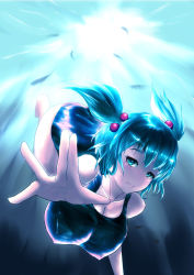 Rule 34 | 1girl, ass, blue eyes, blue hair, breasts, diving, covered erect nipples, fish, freediving, hair bobbles, hair ornament, highres, kawashiro nitori, large breasts, nekonayasai, one-piece swimsuit, school swimsuit, short hair, smile, swimming, swimsuit, touhou, twintails, two side up, underwater