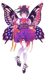 Rule 34 | 1girl, absurdres, black hair, breasts, butterfly wings, cleavage, cross-laced footwear, geta, green eyes, hair ornament, highres, insect wings, long hair, medium breasts, miro (a87859660), original, pigeon-toed, polearm, ponytail, ribbon, simple background, solo, spear, thighhighs, weapon, white background, wings, wrist cuffs