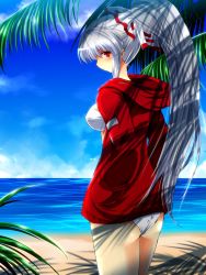 Rule 34 | 1girl, alternate costume, alternate hairstyle, ass, beach, bikini, blue sky, bow, breasts, cloud, contemporary, dappled sunlight, day, fujiwara no mokou, hair bow, hands in pockets, highres, hood, hoodie, large breasts, long hair, long sleeves, looking at viewer, looking back, nekominase, outdoors, palm tree, ponytail, red eyes, silver hair, sky, solo, sunlight, swimsuit, touhou, tree, very long hair, water, white bikini