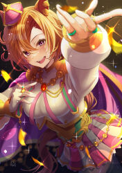 Rule 34 | 1girl, absurdres, aiguillette, breasts, cape, confetti, crown, gem, green gemstone, hair between eyes, hand on own chest, highres, horse girl, idol clothes, jewelry, large breasts, long hair, medium breasts, mini crown, open mouth, orange hair, pink ribbon, purple cape, purple eyes, red gemstone, ribbon, ring, shirt, signature, solo, striped clothes, striped shirt, t.m. opera o (umamusume), totomiya, two-tone skirt, umamusume, vertical-striped clothes, vertical-striped shirt
