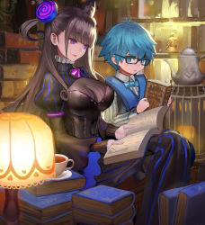 Rule 34 | 1boy, 1girl, black dress, blue eyes, blue hair, bow, bowtie, breasts, brown hair, canking, cone hair bun, double bun, dress, fate/extra, fate/extra ccc, fate/grand order, fate (series), frills, glasses, hair between eyes, hair bun, hair ornament, hans christian andersen (fate), highres, large breasts, long hair, long sleeves, looking at another, male focus, murasaki shikibu (fate), puffy sleeves, purple eyes, smile, trait connection, two side up, very long hair, vest