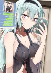Rule 34 | 1girl, absurdres, alternate language, babydoll, black babydoll, blue hair, breasts, cleavage, closed mouth, collarbone, commentary request, covered erect nipples, english text, girls&#039; frontline, hair between eyes, hairband, highres, holding, holding phone, kuzumotsu, large breasts, lingerie, long hair, looking at viewer, medium breasts, midriff, multiple scars, navel, nipples, partial commentary, phone, red eyes, scar, scar on neck, see-through, see-through shirt, selfie, solo, thunder (girls&#039; frontline), underwear