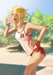 Rule 34 | 1girl, bad girl, beer can, blonde hair, blue sky, can, day, drink can, gloves, hand on own hip, kozaki yuusuke, looking at viewer, no more heroes, official art, one eye closed, open mouth, short hair, short shorts, shorts, single glove, sky, smile, solo, tank top, travis strikes back: no more heroes, tree