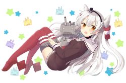 Rule 34 | 10s, 1girl, amatsukaze (kancolle), blush, brown eyes, character print, choker, dress, fang, fang out, full body, garter straps, hair between eyes, hair tubes, hat, kantai collection, long hair, looking at viewer, mini hat, o o, open mouth, plantar flexion, red thighhighs, rensouhou-kun, sailor dress, star (symbol), starry background, thighhighs, two side up, very long hair, white background, white hair, yoshikita popuri