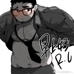 Rule 34 | 1boy, arms behind back, bara, bare pectorals, blush, chest hair, collared shirt, cowboy shot, furrowed brow, glasses, looking to the side, loose necktie, male focus, muscular, muscular male, navel hair, necktie, no nipples, open clothes, open shirt, original, pectorals, r.l (2089184064), salaryman, shirt, short hair, shy, sideways glance, solo, spot color, stomach, thick eyebrows