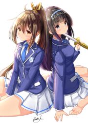 Rule 34 | 2girls, barefoot, black hair, blazer, blue eyes, blue hairband, blue jacket, blue neckwear, breasts, brown hair, collared shirt, copyright request, gradient hair, hair ribbon, hairband, high ponytail, highres, holding, holding weapon, jacket, long hair, long sleeves, looking at viewer, mokufuu, multicolored hair, multiple girls, necktie, pleated skirt, ponytail, purple hair, red eyes, ribbon, shinai, shirt, signature, sitting, skirt, small breasts, soles, sword, very long hair, wariza, weapon, white background, white shirt, white skirt, yellow ribbon