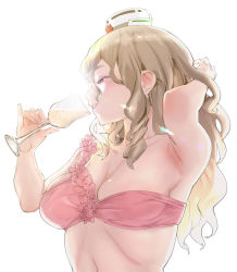 Rule 34 | 1girl, arm behind head, armpits, bikini, blush, breasts, brown eyes, brown hair, cleavage, cup, drinking glass, grin, half-closed eyes, igarashi mangou, kantai collection, long hair, pink bikini, pola (kancolle), simple background, smile, solo, swimsuit, white background, wine glass