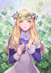 Rule 34 | 1girl, absurdres, adjusting hair, blonde hair, blue bow, blue eyes, blurry background, bow, braid, clover, dress, hand in own hair, head wreath, highres, looking at viewer, original, sang ah yoon, smile, solo, twin braids, upper body, white dress