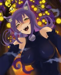 Rule 34 | 1girl, aa2mee, black dress, black sleeves, blair (soul eater), breasts, cat girl, cat tail, crescent moon, detached sleeves, dress, fangs, halloween, highres, house, long hair, long sleeves, looking at viewer, medium breasts, moon, naughty face, open mouth, pumpkin, purple hair, signature, smile, soul eater, steaming body, tail, tree, upper body, witch, yellow eyes