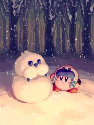 2others aruco_co forest highres ice_kirby kirby kirby_(series) kirby_and_the_forgotten_land mr._frosty multiple_others nature nintendo red_footwear smile snow snowing snowman tree