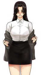 Rule 34 | 1girl, black skirt, blouse, bra visible through clothes, breasts, brown hair, closed mouth, collared shirt, eyeshadow, grey jacket, highres, hoshi san 3, jacket, large breasts, long hair, long sleeves, looking at viewer, makeup, miniskirt, mole, mole on thigh, mole under eye, mole under mouth, office lady, open clothes, open jacket, original, pencil skirt, shirt, simple background, skirt, smile, solo, standing, undressing, white background, white shirt, wing collar