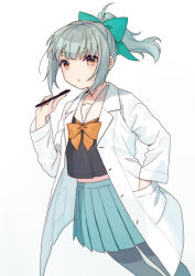 Rule 34 | 1girl, black pantyhose, brown eyes, coat, feet out of frame, green hair, green ribbon, green skirt, hair ribbon, holding, holding pen, kantai collection, lab coat, long hair, long sleeves, mitsuyo (mituyo324), open clothes, open coat, pantyhose, pen, pleated skirt, ponytail, ribbon, simple background, skirt, solo, white background, white coat, yuubari (kancolle)
