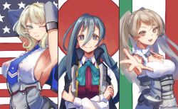 Rule 34 | 3girls, ahoge, american flag, blonde hair, blue eyes, blue neckwear, bow, bowtie, breasts, brown eyes, colorado (kancolle), conte di cavour (kancolle), dress, elbow gloves, gloves, grey dress, grey eyes, grey gloves, grey hair, hair between eyes, highres, italian flag, japanese flag, kantai collection, kiyoshimo (kancolle), large breasts, long hair, low twintails, multiple girls, necktie, odd one out, panda (heart sink), pleated dress, school uniform, shirt, short hair, sideboob, sleeveless, twintails, two side up, white dress, white shirt