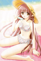 Rule 34 | 1girl, \m/, arm support, barefoot, beach, beach towel, bikini, bracelet, breasts, brown eyes, brown hair, cleavage, collarbone, flower, food, hat, hat flower, holding, jewelry, lisianthus, long hair, looking at viewer, medium breasts, navel, nishimata aoi, ocean, open mouth, pointy ears, polka dot, polka dot bikini, popsicle, sand, shuffle!, sitting, straw hat, sun hat, sunflower, swimsuit, tongue, tongue out, towel, water, white bikini
