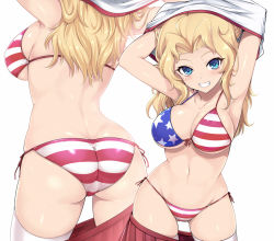 Rule 34 | 1girl, american flag bikini, american flag print, arms up, ass, back, bikini, blonde hair, blue eyes, blush, breasts, butt crack, cleavage, clothes pull, collarbone, commentary request, cowboy shot, fang, flag print, from behind, front-tie bikini top, front-tie top, girls und panzer, gluteal fold, grin, kasai shin, kay (girls und panzer), large breasts, lips, long hair, looking at viewer, multiple views, navel, pleated skirt, print bikini, red skirt, shiny skin, shirt, side-tie bikini bottom, simple background, skirt, skirt pull, smile, string bikini, swimsuit, thighhighs, underboob, undressing, white background, white shirt, white thighhighs, wide hips