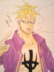 Rule 34 | 1boy, blonde hair, cigarette, glasses, jolly roger, male focus, marco (one piece), one piece, open clothes, open shirt, pirate, purple shirt, shirt, smoking, solo, tattoo