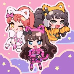Rule 34 | 3girls, :d, animal ear hairband, animal ears, animal hands, black hair, blue eyes, blunt bangs, bow, brown hair, cat ear hairband, cat ears, chibi, cloud, commentary request, fake animal ears, fang, full body, fur scarf, gaaruru (pripara), gloves, hair bow, hairband, hands on own hips, hands up, headphones, highres, kurosu aroma, long hair, looking at viewer, momokan (mmkn100), multiple girls, one eye closed, open mouth, orange skirt, outline, paw gloves, paw shoes, pink background, pink bow, pink skirt, ponytail, pretty series, pripara, red hair, shiratama mikan, sidelocks, skirt, smile, standing, star (symbol), tongue, tongue out, twintails, v-shaped eyebrows, white skirt