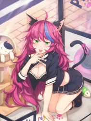 Rule 34 | 1girl, :p, ahoge, animal, animal ears, bare shoulders, black bow, black bra, black footwear, black jacket, black shirt, black skirt, blush, boots, bow, bow bra, bra, breasts, cat, cat ears, cat girl, cat tail, cleavage, commentary request, fang, finger to tongue, full body, hallohi, hand up, highres, indoors, jacket, knee boots, kneeling, long hair, long sleeves, looking at viewer, medium breasts, multicolored hair, navel, off shoulder, open clothes, open jacket, open mouth, original, pink hair, purple bow, purple hair, school uniform, shirt, skirt, sleeves past elbows, solo, spaghetti strap, streaked hair, striped clothes, striped shirt, tail, tail bow, tail ornament, tongue, tongue out, two-tone hair, underwear, very long hair