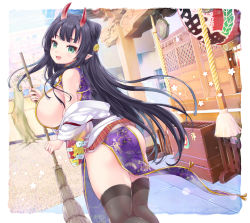 Rule 34 | 1girl, ass, backboob, bare shoulders, black hair, black thighhighs, box, breasts, chinese clothes, day, demon girl, donation box, female focus, green eyes, hair ornament, head tilt, horns, large breasts, long hair, looking at viewer, looking back, miyano ururu, no bra, oni, open mouth, original, outdoors, pointy ears, shrine, sideboob, solo, standing, thighhighs, thighs, very long hair