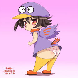 Rule 34 | 1girl, ass, brown hair, chibi, female focus, gradient background, kobaton (mascot), looking back, mascot, meow (nekodenki), one eye closed, panties, personification, red eyes, short hair, solo, tail, thighhighs, underwear, wings, wink, yellow thighhighs