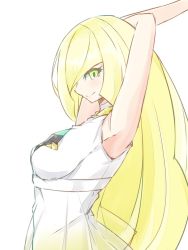 Rule 34 | 1girl, armpits, bare arms, blonde hair, breasts, closed mouth, creatures (company), dress, empty eyes, game freak, gem, green eyes, hair over one eye, highres, long hair, lusamine (pokemon), mature female, medium breasts, nintendo, pokemon, pokemon sm, profile, simple background, smile, solo, tsunakanten, upper body, very long hair, white background, white dress