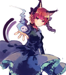 Rule 34 | 1girl, :3, bad id, bad pixiv id, black dress, bow, cat tail, closed mouth, clothes lift, dress, dress lift, hair bow, ikeuchi tanuma, kaenbyou rin, looking at viewer, magic, multiple tails, nekomata, official art, red eyes, red hair, simple background, skull, smile, solo, standing, tail, touhou, two tails, white background
