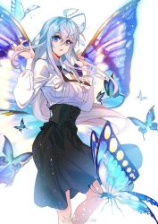Rule 34 | 1girl, ahoge, bare legs, black skirt, bug, butterfly, butterfly wings, cover, cover page, douluo dalu, dress, gradient hair, hand in own hair, hei zhi shi, insect, insect wings, light particles, long hair, long sleeves, multicolored hair, necktie, open mouth, skirt, solo, tang wutong (douluo dalu), upper body, white dress, wings