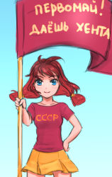Rule 34 | 1girl, blue background, blue eyes, cowboy shot, facing viewer, flag, gradient background, hand on own hip, looking at viewer, medium hair, miniskirt, orika nekoi, pleated skirt, red hair, red shirt, russian text, shirt, simple background, skirt, slogan, smile, solo, standing, t-shirt, text focus, translated, twintails, ussr, ussr-tan, yellow skirt