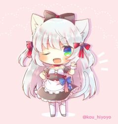 Rule 34 | 1girl, ;d, american flag, american flag print, animal ear fluff, animal ears, apron, azur lane, black bow, black dress, black sleeves, blue eyes, blush, bow, cat ears, cat girl, cat hair ornament, cat tail, chibi, choker, collarbone, detached sleeves, dress, flag print, frilled apron, frills, full body, green eyes, grey footwear, hair bow, hair ornament, hammann (azur lane), hand up, kou hiyoyo, long hair, multicolored eyes, one eye closed, open mouth, pink background, puffy short sleeves, puffy sleeves, red bow, red choker, short sleeves, silver hair, smile, solo, standing, strapless, strapless dress, tail, thighhighs, twitter username, two side up, very long hair, waist apron, white apron, white thighhighs, wrist cuffs