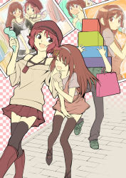 Rule 34 | 2girls, alternate costume, arm hug, bag, blush, boots, borrowed character, box, brown eyes, brown hair, casual, contemporary, earrings, faceless, faceless male, fang, female focus, food, hairband, happy, hat, ice cream, jewelry, long hair, multiple girls, mystia lorelei, necklace, open mouth, photo (object), pink hair, shiba itsuki, shopping bag, short hair, skirt, smile, spaghetti strap, tachiko, thighhighs, touhou, unfinished, wings, zettai ryouiki
