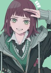 Rule 34 | 1girl, black jacket, black necktie, blunt bangs, blush, breasts, brown hair, collarbone, collared shirt, commentary request, drawstring, green background, green eyes, green sweater, grey hoodie, grin, haku geroda, hand up, head tilt, hood, hood down, hoodie, jacket, lapels, logo, long sleeves, looking at viewer, medium breasts, medium hair, mole, mole above eye, necktie, notched lapels, notice lines, open collar, open mouth, original, salute, shirt, simple background, smile, solo, sweater, teeth, thick eyelashes, upper body, white shirt