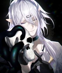 Rule 34 | 1boy, arknights, bishounen, black background, black gloves, choker, closed mouth, closed eyes, gloves, highres, infection monitor (arknights), male focus, mtk (souko), pointy ears, shalem (arknights), short hair, simple background, skull, snake, solo, upper body, white hair