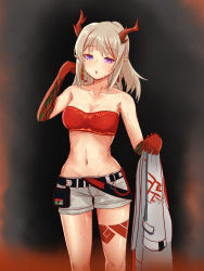 Rule 34 | 1girl, arknights, bandeau, bare shoulders, bead bracelet, beads, black background, bracelet, collarbone, commentary, cowboy shot, english commentary, grey shorts, hand up, highres, holding, holding clothes, holding jacket, horns, jacket, unworn jacket, jewelry, long hair, looking at viewer, midriff, navel, nian (arknights), parted lips, pointy ears, pouch, red eyes, short shorts, shorts, silver hair, solo, standing, stomach, strapless, thighs, tube top, yume (mi yu601)