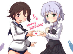 Rule 34 | 2girls, :o, a9b (louis814), animal ears, birthday, blush, braid, brown hair, dated, green eyes, happy birthday, heart, looking at viewer, miyafuji yoshika, multiple girls, necktie, one eye closed, sanya v. litvyak, short hair, silhouette, silver hair, simple background, single braid, skirt, skirt set, smile, strike witches, swimsuit, swimsuit under clothes, teardrop, uniform, white background, world witches series