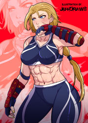 Rule 34 | 1girl, abs, blonde hair, blue eyes, breasts, cammy white, crop top, fingerless gloves, gloves, highres, jeffdraws, large breasts, lips, long hair, muscular, muscular female, pants, ponytail, scar, scar on face, street fighter, street fighter 6, sweat, teeth