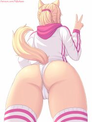 Rule 34 | 1girl, animal ears, ass, blonde hair, cat ears, cat girl, cat tail, commentary, english commentary, from behind, from below, hand up, highres, hood, hoodie, long hair, long sleeves, nottytiffy, original, panties, patreon username, ponytail, simple background, solo, tail, thighhighs, thighs, tiffy (nottytiffy), underwear, v, white background, white panties, white thighhighs