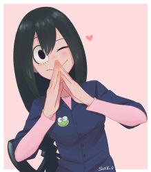 Rule 34 | 10s, 1girl, :&gt;, artist name, asui tsuyu, black eyes, black hair, blue shirt, blush, boku no hero academia, casual, commentary, covering own mouth, dress shirt, frog, hair rings, hand over own mouth, heart, long hair, long sleeves, looking at viewer, low-tied long hair, one eye closed, own hands together, pink background, pink shirt, saku (ladyfubuki), shirt, simple background, solo, steepled fingers, upper body