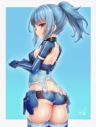 Rule 34 | 1girl, alice gear aegis, ass, blue gloves, blue hair, blush, breasts, butt crack, doyouwantto, from behind, gloves, highres, long hair, looking at viewer, looking back, medium breasts, micro shorts, ponytail, purple eyes, shiny skin, shorts, skindentation, solo, standing, takanashi rei