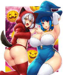 Rule 34 | 2girls, :o, absurdres, alternate costume, animal ears, animal hood, ass, autumn, blue dress, borrowed character, breasts, detached sleeves, dress, elbow gloves, erkaz, fake tail, fallecimiento melodia, fangs, gloves, halloween, halloween costume, height difference, highres, hood, huge breasts, jack-o&#039;-lantern, jewelry, multiple girls, necklace, night, night sky, original, pumpkin, purple sky, red eyes, red legwear, rina atherina, shorts, sky, suspender shorts, suspenders, tail, thick thighs, thighs, white gloves, white hair, white sleeves, witch, wolf ears, wolf girl, yellow eyes