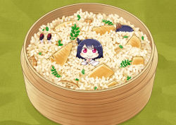 Rule 34 | 1girl, 2others, bamboo shoot, black hair, blush, chibi, commentary request, food, hair ornament, hinata yuu, in bowl, in container, in food, kantai collection, leaf, long sleeves, looking at viewer, mini person, minigirl, multiple others, oversized object, red eyes, rice, shoes, short hair, smile, upside-down, yamashiro (kancolle)