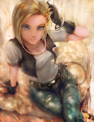 Rule 34 | 1girl, android 18, arm support, bangle, belt, black gloves, blonde hair, blue eyes, bracelet, breasts, chain, cleavage, cropped jacket, crossed legs, denim, dragon ball, dragonball z, earrings, eyelashes, eyeshadow, from above, gloves, hand in own hair, highres, jacket, jeans, jewelry, looking at viewer, makeup, mascara, necklace, open clothes, open vest, pants, pearl necklace, shirt, short hair, sitting, socks, solo, swept bangs, t-shirt, taut clothes, taut shirt, thezentlion, vest, yellow socks