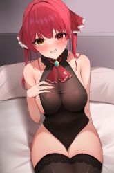 Rule 34 | 1girl, ascot, black leotard, black thighhighs, blush, breasts, grin, hair ribbon, highres, hololive, houshou marine, indoors, large breasts, leotard, long hair, looking at viewer, mikumineko, nail polish, on bed, pillow, red ascot, red eyes, red hair, red nails, red ribbon, ribbon, sitting, smile, solo, thighhighs, twintails, virtual youtuber, yellow eyes