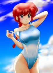 Rule 34 | 1girl, absurdres, blue one-piece swimsuit, blue sky, braid, braided ponytail, clothes pull, cloud, competition swimsuit, cowboy shot, curvy, day, embarrassed, female focus, frown, genderswap, genderswap (mtf), highleg, highres, long hair, nanao futaba, one-piece swimsuit, one-piece swimsuit pull, outdoors, pulled by self, purple one-piece swimsuit, ranma-chan, ranma 1/2, red hair, saotome ranma, shiny skin, single braid, sky, solo, standing, swimsuit, thighs, wavy mouth