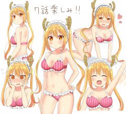 Rule 34 | !, !!, 10s, 1girl, :d, @ @, ^ ^, all fours, bikini, breasts, cleavage, closed eyes, collarbone, dragon horns, embarrassed, expressions, fang, flying sweatdrops, frilled bikini, frills, from side, hand on own cheek, hand on own face, hand on own hip, hands on own cheeks, hands on own face, happy, heart, highres, horns, kobayashi-san chi no maidragon, large breasts, long hair, looking at viewer, looking back, maid headdress, mizukoshi (marumi), multiple views, naughty face, navel, o o, open mouth, orange hair, pink bikini, red eyes, simple background, smile, standing, stomach, striped bikini, striped clothes, swimsuit, symbol-shaped pupils, text focus, tohru (maidragon), translation request, twintails, upper body, waving, white background