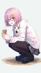 Rule 34 | 1girl, :d, black-framed eyewear, black footwear, black pantyhose, black skirt, boots, breasts, collarbone, commentary request, cup, disposable cup, fate/grand order, fate (series), from side, full body, glasses, hair between eyes, hair over one eye, highres, holding, holding cup, hood, hood down, hooded jacket, hyuuga azuri, jacket, long sleeves, looking at viewer, looking to the side, mash kyrielight, mash kyrielight (fgo x lawson), miniskirt, official alternate costume, open mouth, pantyhose, pink hair, plaid, plaid skirt, pleated skirt, purple eyes, shadow, short hair, simple background, skirt, small breasts, smile, solo, squatting, white background, white jacket